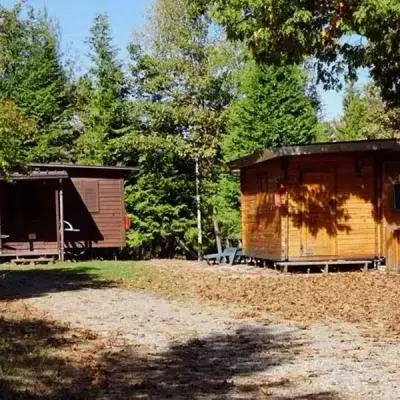 Caravan with wooden chalet and bathroom